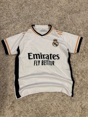 Real Madrid Kids White Home Jersey with Black & Gold Trim